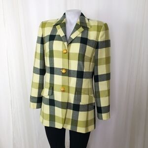 Mondi yellow black plaid wool blazer jacket novelty button size medium